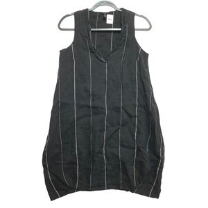 Inizio Made in Italy Black Striped 100% Linen Sleeveless Lagenlook Dress Womens